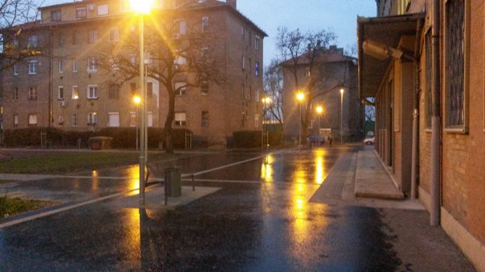 Street lights illuminate a wet urban street at dusk
