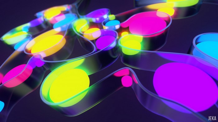 Abstract 3D render of colorful glass tubes with circles