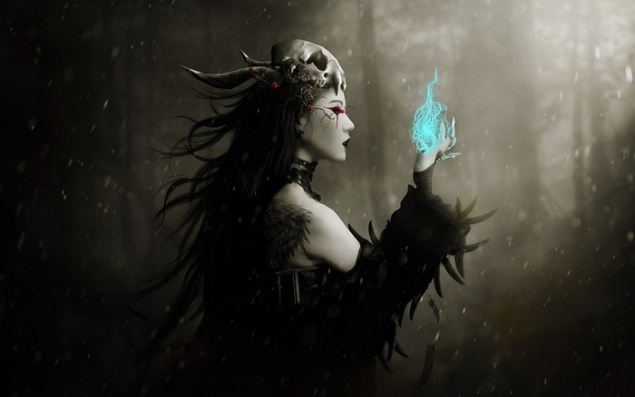 Fantasy art of a sorceress with a skull headdress
