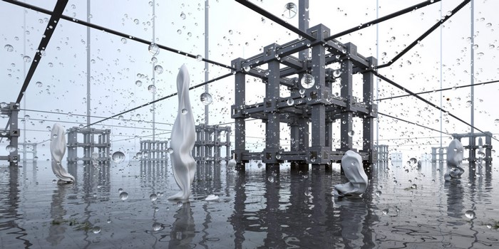 Abstract digital art with water droplets and structures