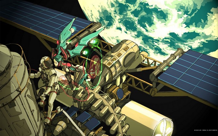 Hatsune Miku and astronaut on a space station with planet