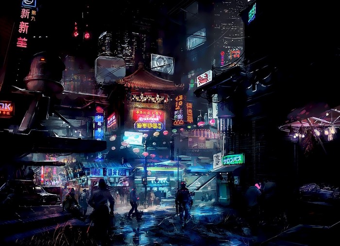 Futuristic cyberpunk cityscape at night with neon lights
