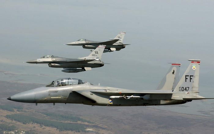 McDonnell Douglas F-15 Eagle and F-16 Fighting Falcons in flight