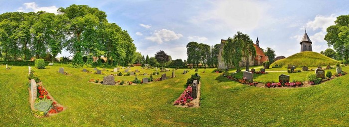 Cemetery with church and trees