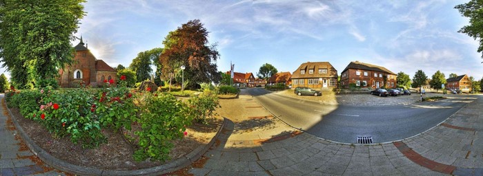 Village square with church and rose garden