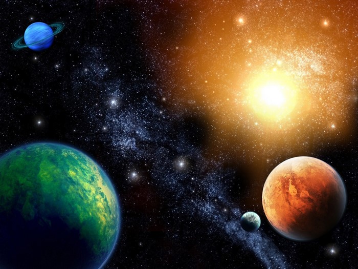 Planets and a bright star in outer space