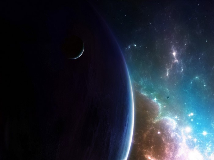 Planet and moon in outer space with nebula
