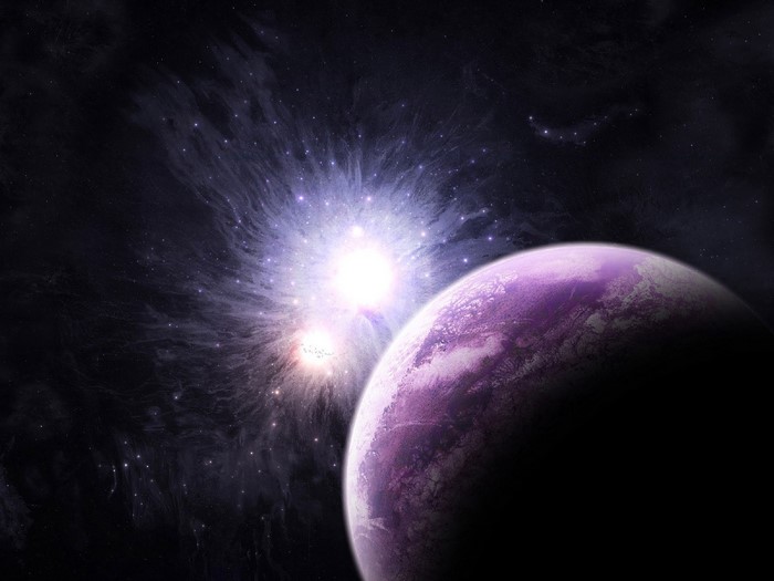 Purple planet in front of a bright nebula and stars