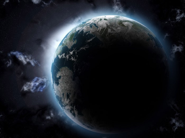 Earth from space with clouds and stars