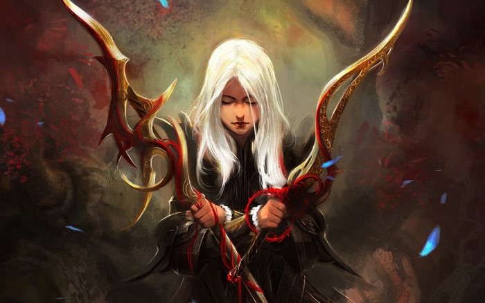 Fantasy art of a warrior with white hair and ornate swords