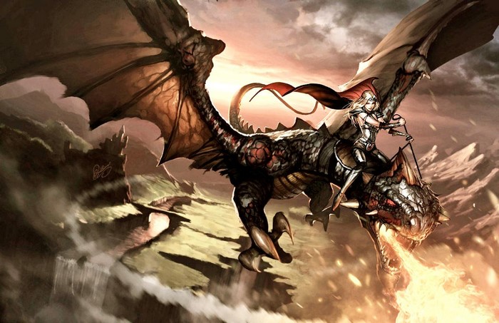 Girl riding a dragon breathing fire