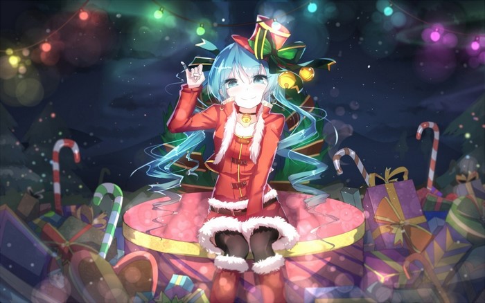 Hatsune Miku in Santa Outfit Surrounded by Christmas Gifts