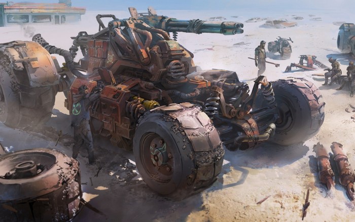 Post-apocalyptic vehicle with mounted gun and crew