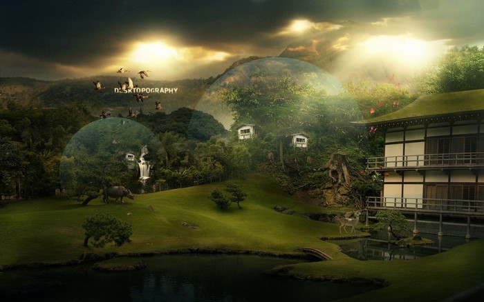 Desktopography Digital Art Landscape with Bubbles