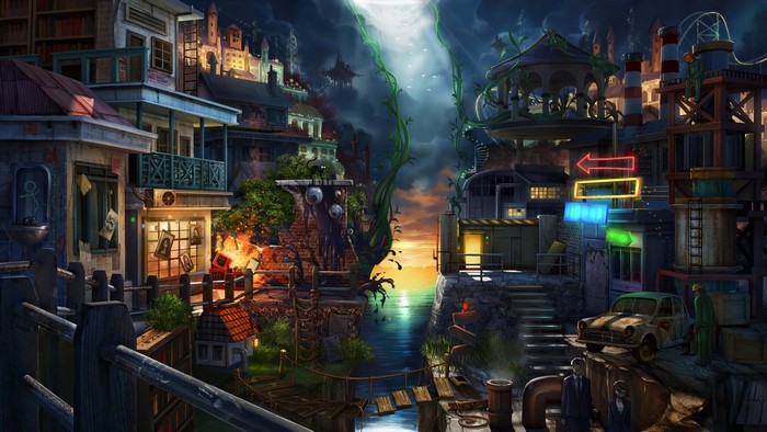 Fantasy cityscape with strange plants and glowing signs
