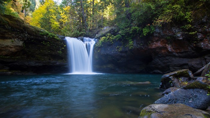 Waterfall in a forest with autumn trees
