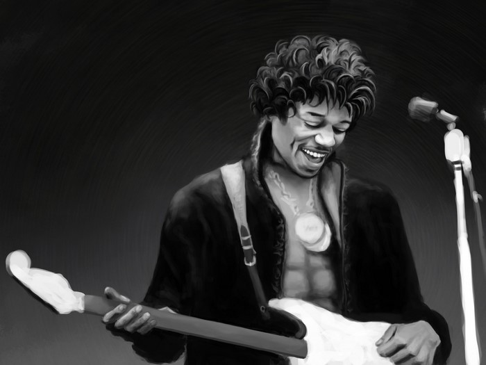 Jimi Hendrix performing on stage with a guitar