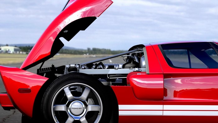 Red Ford GT with open hood