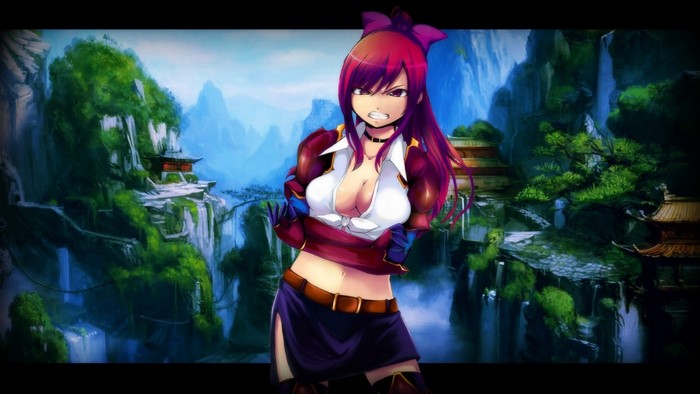 Erza Scarlet from Fairy Tail in a fantasy landscape