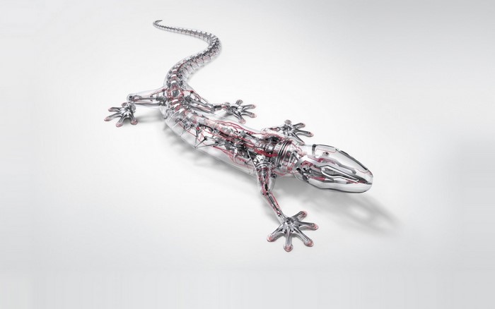 Robotic lizard with exposed internal mechanics on white background