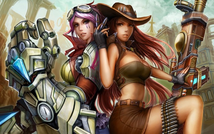 Vi and Caitlyn from League of Legends with a robot