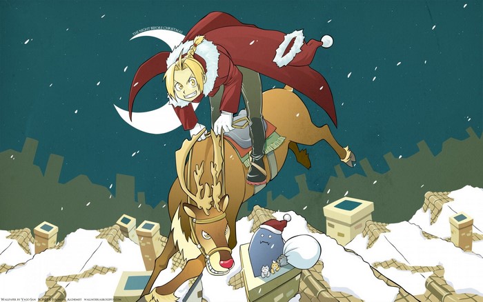 Edward Elric from Fullmetal Alchemist riding a reindeer