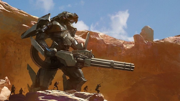Giant mech with minigun in a desert landscape
