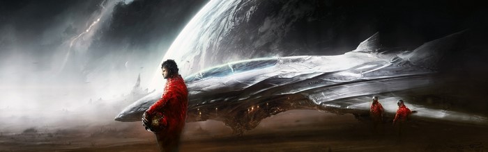 Astronauts and spaceship on an alien planet