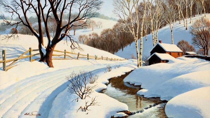 Winter landscape painting with snow-covered path and stream