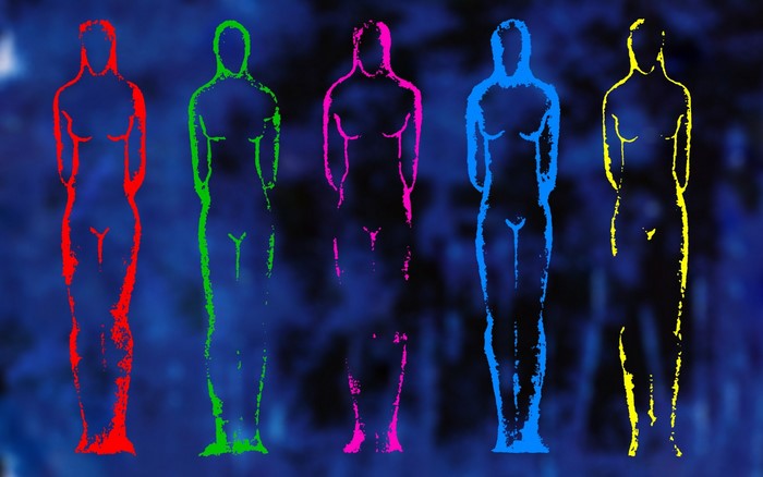 Five figures in colorful outlines on a blue background