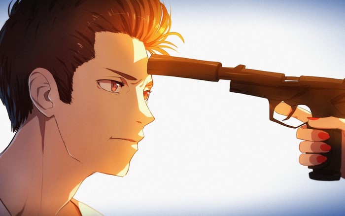 Anime man with gun to head
