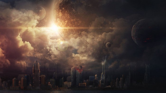 Futuristic city skyline under alien planets and clouds