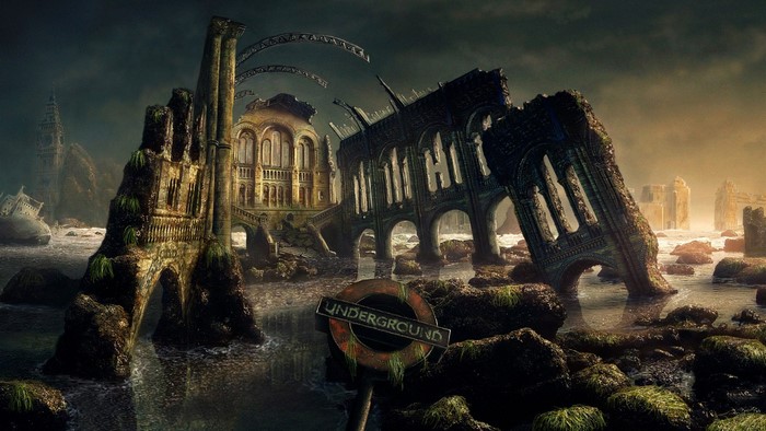 Post-apocalyptic flooded cityscape with ancient ruins and underground sign