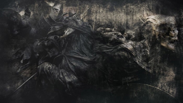 Dark figures and a skull in a textured painting