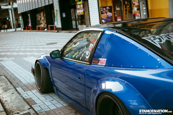 Blue Nissan S13 Rocket Bunny with StanceNation sticker