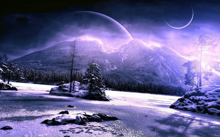 Snowy mountains with planets in the night sky
