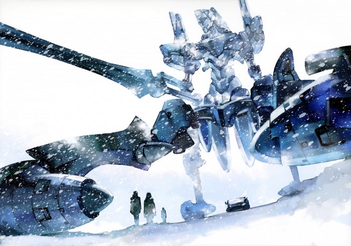 Giant robot in a snowy landscape with people and a vehicle