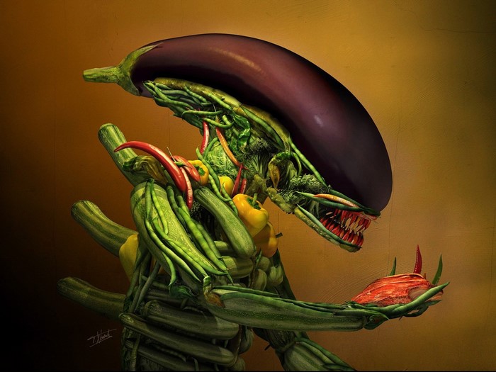Vegetable Xenomorph holding meat