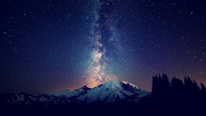 Milky Way over Snowy Mountain at Night