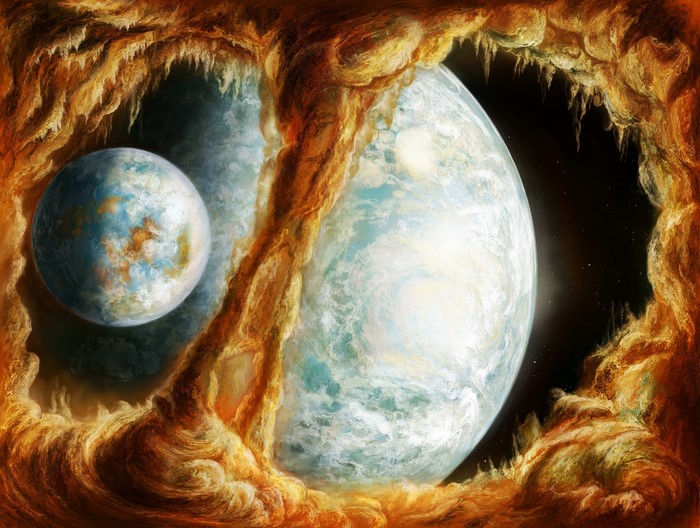 Planets viewed through a fiery cave entrance