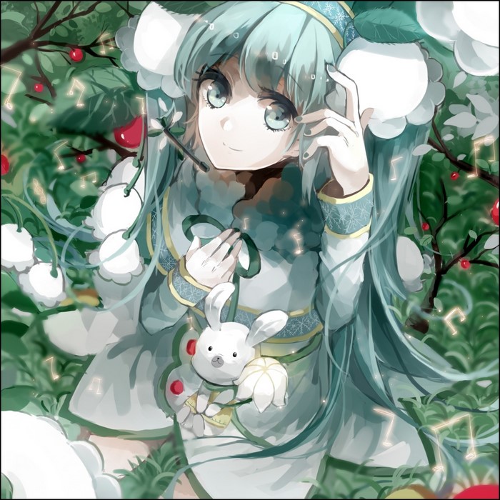 Hatsune Miku with a bunny in a floral setting