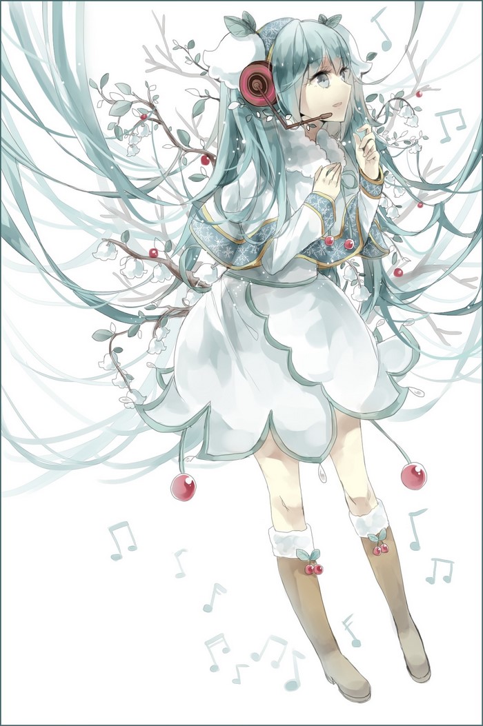 Hatsune Miku with headphones and cherry blossoms
