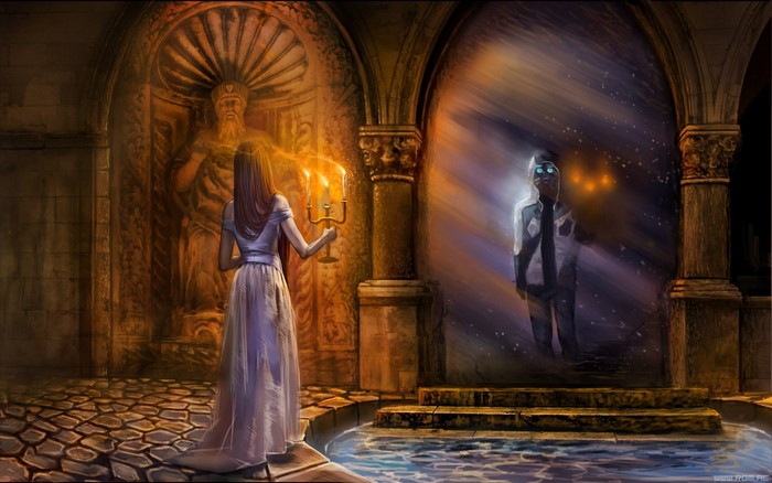 Woman with candle facing a statue and a reflection
