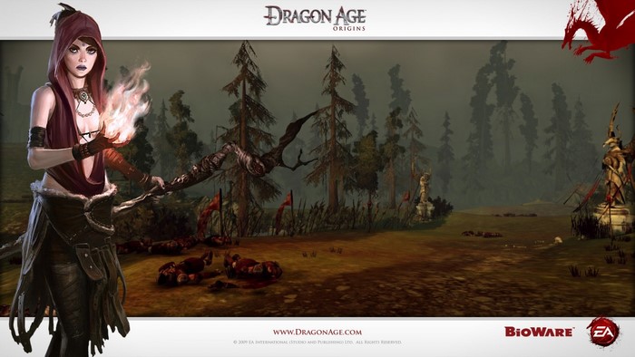 Morrigan from Dragon Age: Origins in a misty forest