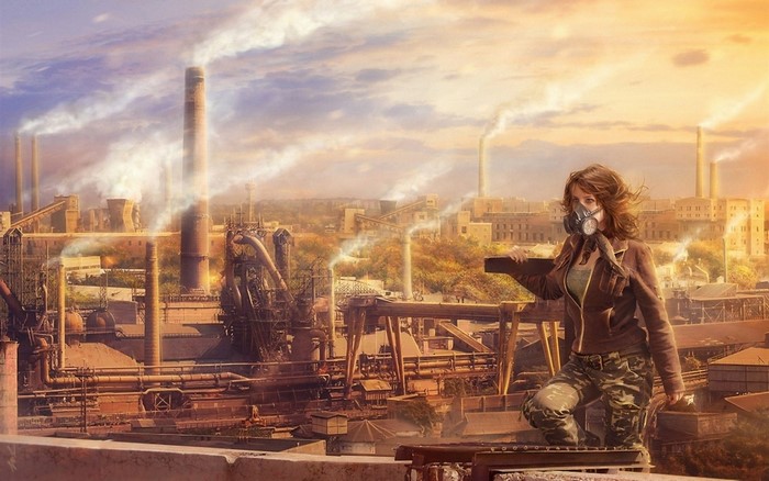 Woman in gas mask overlooking industrial city