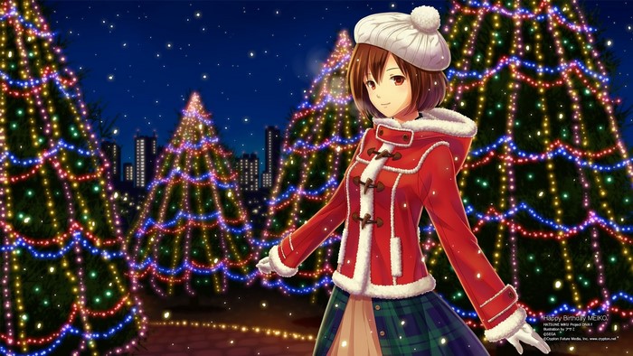 Meiko from Vocaloid celebrating Christmas with decorated trees
