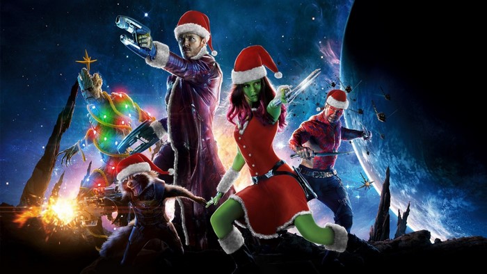 Guardians of the Galaxy characters in Santa hats