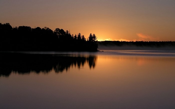 Sunrise over a misty lake with silhouetted forest