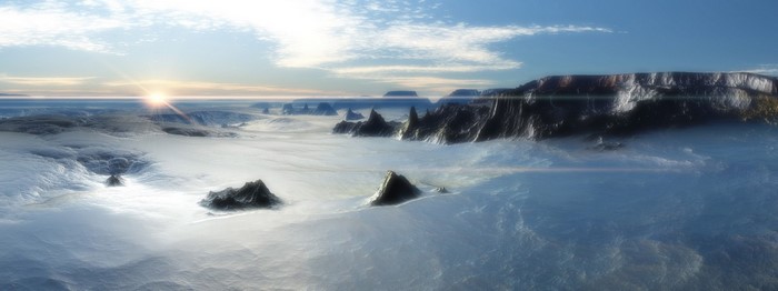 Arctic landscape with sun and mountains