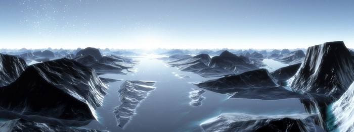 Panoramic view of icy mountains and water under a starry sky